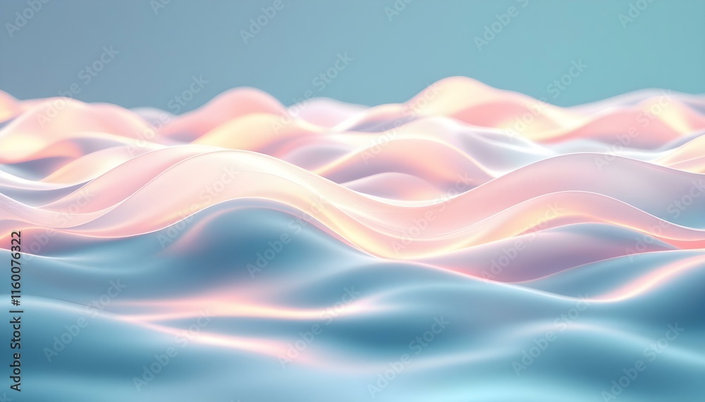 Poster pastel light blue background with flowing waves and soft highlights. elegant, minimalist design evok