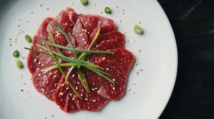 Obraz premium Fresh raw beef sirloin cut into strips, arranged on a white plate with a garnish of green onions and sesame seeds, vivid and appetizing in 4K.