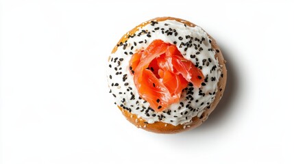 Freshly baked Delicious Smoked Salmon Bagel with tomato and salad,bagel sandwich in bakery shop,New York style bagels,Homemade freshly plain,onion bagels,space for text.Selective focus.