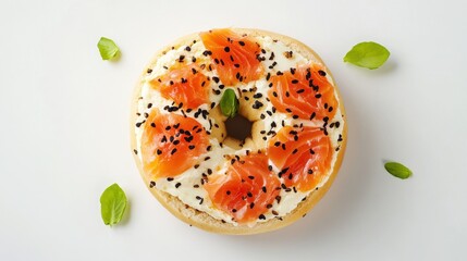 Freshly baked Delicious Smoked Salmon Bagel with tomato and salad,bagel sandwich in bakery shop,New York style bagels,Homemade freshly plain,onion bagels,space for text.Selective focus.