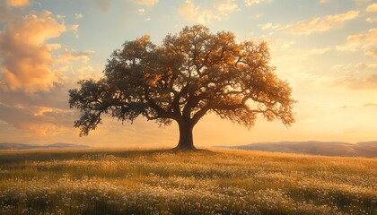 Fototapeta premium A single, resilient tree in a peaceful field, symbolizing personal growth, strength, and unwavering faith, surrounded by soft natural beauty