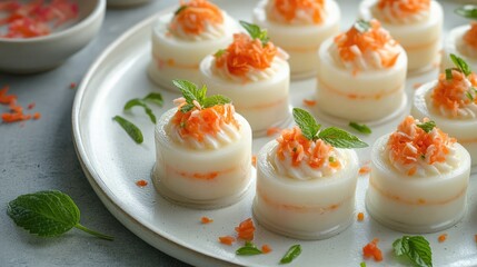 Delicate Layered Dessert with Cream Topping and Fresh Mint Garnish