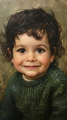 A close-up oil painting of a toddler with dark hair and a bright smile, wearing a green sweater, gazing directly at the viewer, captured in soft, natural brushwork.