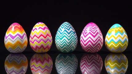 Naklejka premium Colorful Zigzag Patterned Easter Eggs Displayed on Black Surface