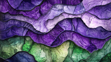 Obraz premium An abstract depiction of fractured rock textures, highlighted by iridescent hues of purple and emerald green, glowing edges
