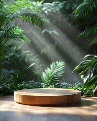 Aerial view of a contemporary round teak podium with tropical greenery in the background, gently illuminated by sunlight, ideal for product staging