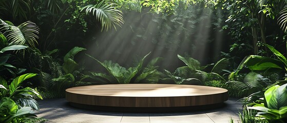 Aerial view of a sleek round teak podium with tropical greenery, softly illuminated by gentle sunlight, creating an ideal setting for showcasing products