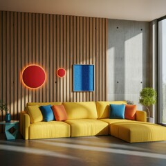Fototapeta premium Modern living room, bright yellow sofa, vibrant interior design, red circular wall art, blue abstract wall sculpture, wooden slatted accent wall, natural light, minimalist decor, color pop accents, co