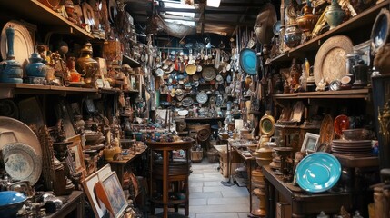 Antique Store Interior with Shelves Filled with Vintage Treasures