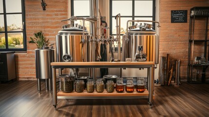 A vibrant home brewery with brewing kettles and hops, Beer brewing equipment and ingredients perfectly arranged, Modern industrial style