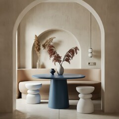 Interior design, minimalist dining space, arched doorway, circular blue table, white ceramic stools, spherical pendant light, neutral color palette, textured white walls, dried floral arrangement, con