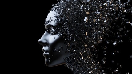 Metallic Disintegration: A 3D Render of a Crumbling Female Face
