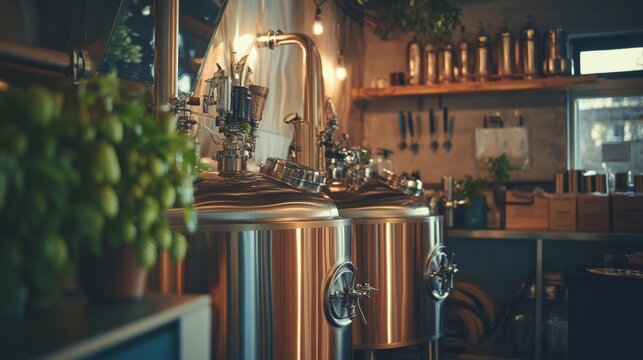 A vibrant home brewery with brewing kettles and hops, Beer brewing equipment and ingredients perfectly arranged, Modern industrial style