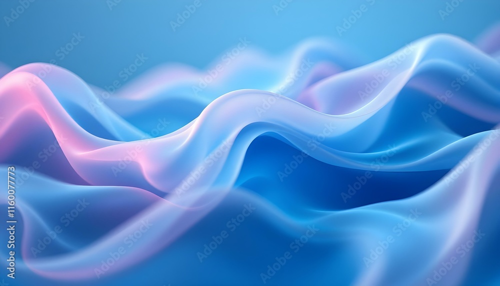 Poster a serene, abstract background featuring soft, flowing waves in hues of blue, white, and pink. soft g