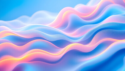 Obraz premium A serene, abstract background featuring soft, flowing waves in hues of blue, white, and pink. Soft gradient background. Vibrant and whimsical mixed watercolor. Smooth gradient abstract design