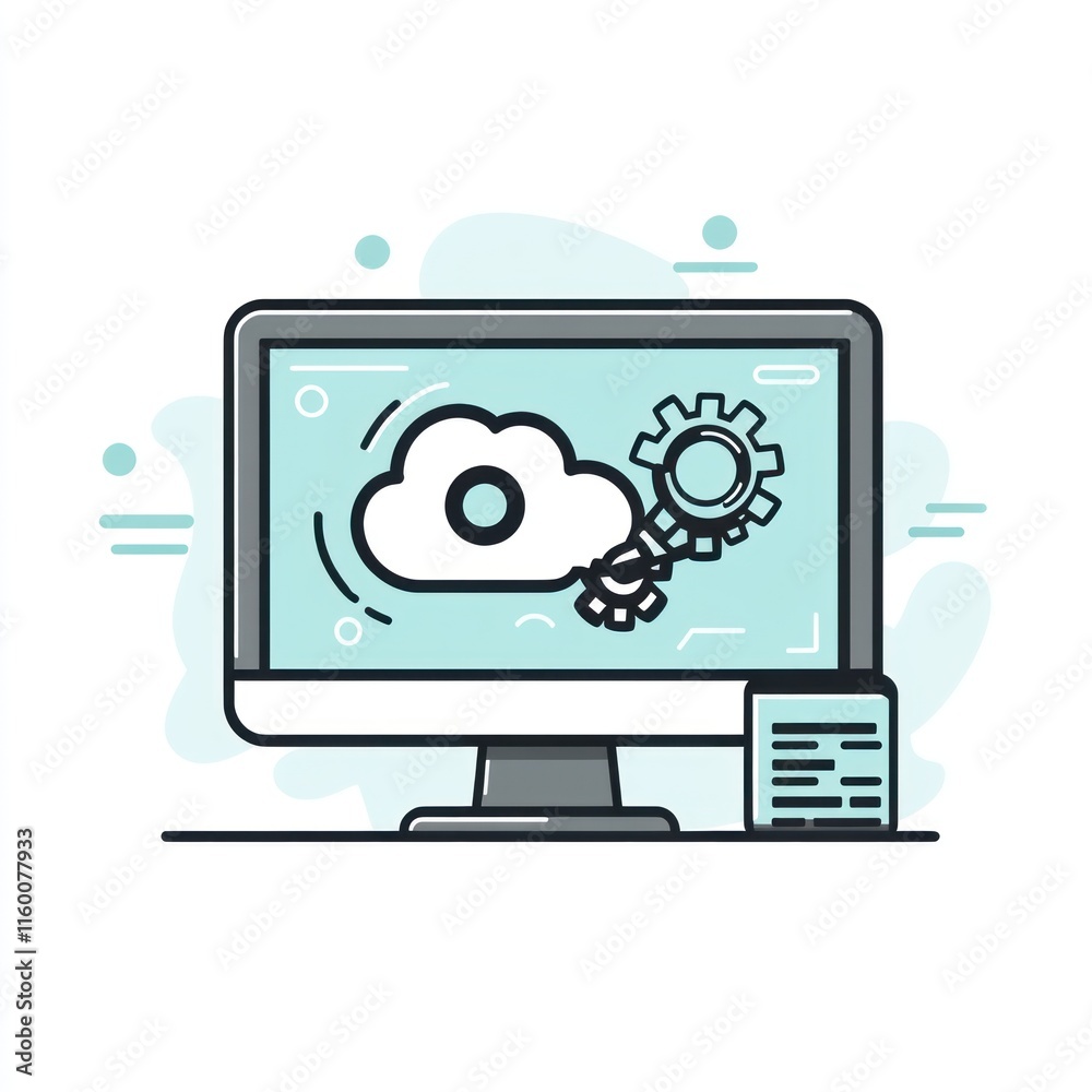Poster cloud computing, gears, and data displayed on a computer screen.