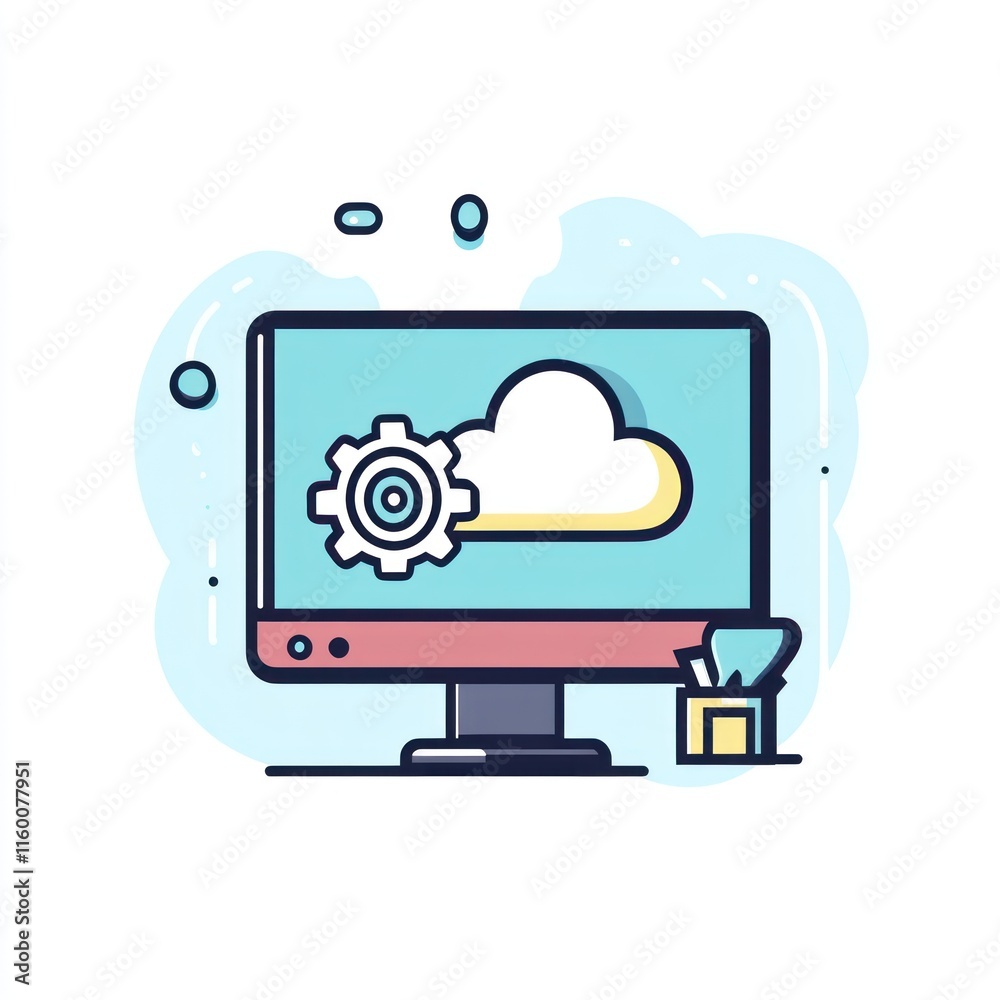 Poster computer screen displaying cloud computing and gear.