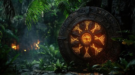 Ancient Stone Disc with Glowing Symbols in Lush Jungle Setting