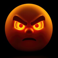 An angry smiley expression is depicted with glowing eyes and furrowed brows, conveying intense emotions of frustration and anger in a dark setting