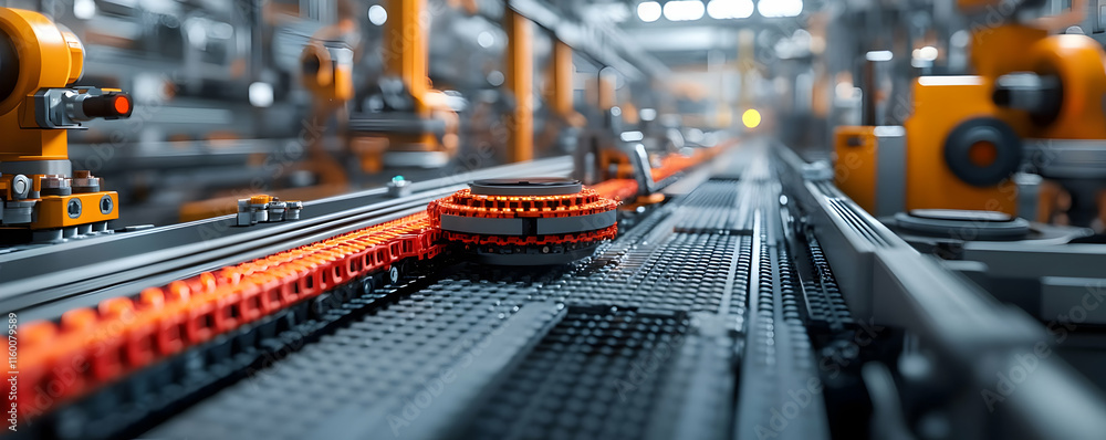 Poster a close-up view of an automated assembly line with robotic arms and conveyor systems.
