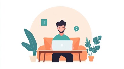 Young Man Working on Laptop at Home with Houseplants and Minimalist Decor, Modern Workspace Concept for Remote Work and Digital Nomad Lifestyle