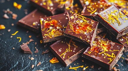 Dark chocolate squares with orange zest and sea salt.
