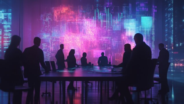 Silhouetted businesspeople in a meeting, futuristic holographic data display.