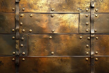 Fototapeta premium Rustic bronze metal plates, riveted & banded. Ideal for backgrounds, textures, or medieval themes.