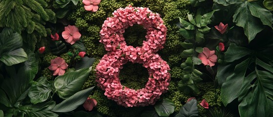 Number 8 with pink flowers, placed within a rich botanical backdrop, representing the celebration and empowerment of women on International Womens Day