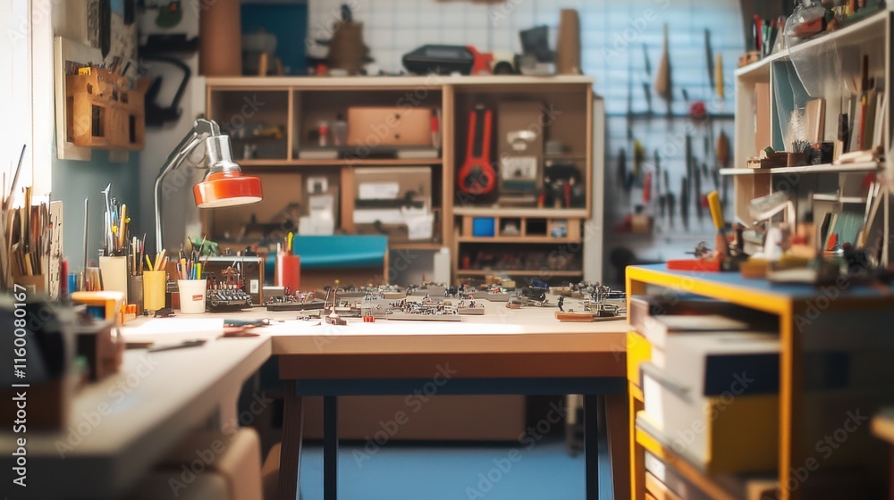 Poster a vibrant model-making studio with miniature models and tools, modeling supplies and detailed dioram