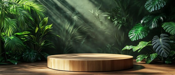 Round teak podium with tropical foliage in an aerial view, softly highlighted by sunlight, perfect for showcasing products in a natural, elegant setting