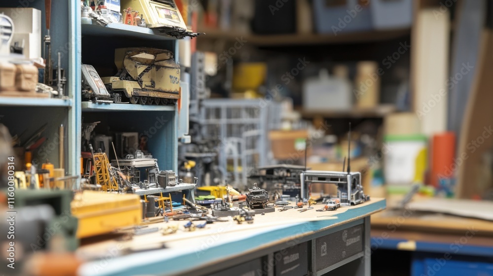 Poster a vibrant model-making studio with miniature models and tools, modeling supplies and detailed dioram