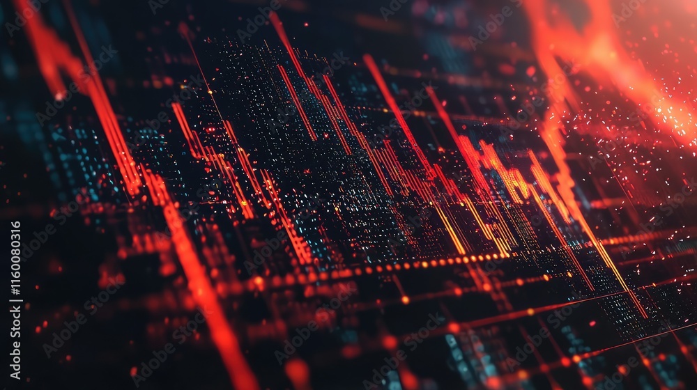 Poster abstract data visualization with red and black lines on screen