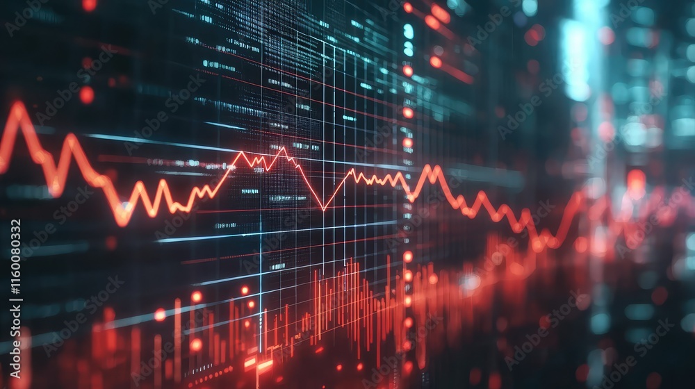 Poster abstract digital graphs and data visualizations in red and blue tones