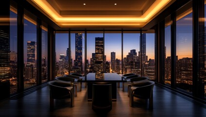 Fototapeta premium Luxury penthouse meeting room with city skyline view at dusk.