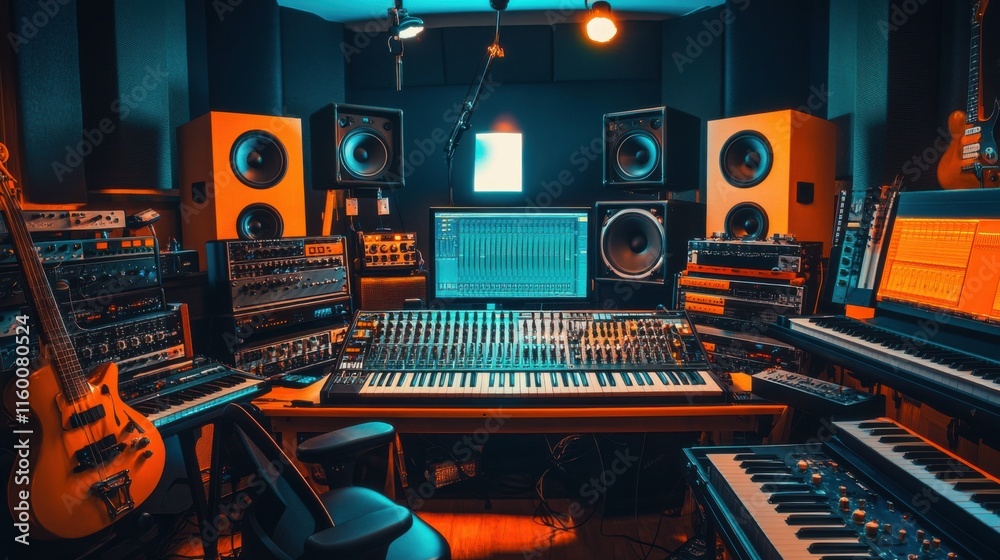 Poster a vibrant music recording studio with musical instruments and recording tools, recording tools and m
