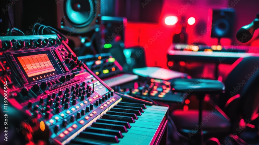 Poster a vibrant music recording studio with musical instruments and recording tools, recording tools and m