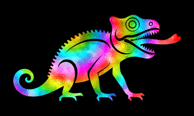 Fototapeta premium 舌を伸ばしているカメレオンの虹色グラデーションのシルエットイラスト 黒背景の切り抜き