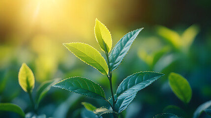 Obraz premium A leafy green plant with a sun shining on it. The sun is in the background and the leaves are in the foreground