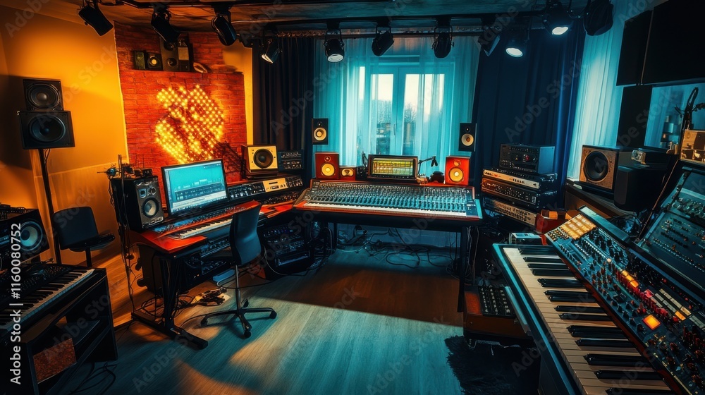 Poster a vibrant music recording studio with musical instruments and recording tools, recording tools and m