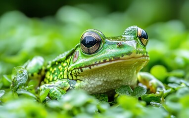 Fototapeta premium Vibrant green frog crowned in a lush green setting, leaping with joy to celebrate Leap Day and the unique moments of a Leap Year