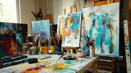 A vibrant painting studio with art tools and colorful canvases, Painting tools and inspirational studio settings meticulously arranged, Artistic inspiration style