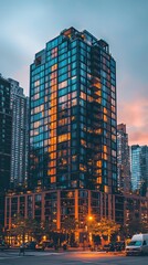 Modern urban skyscraper with reflective glass facade at sunset