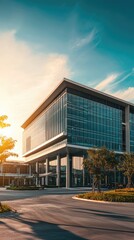 Modern Glass Building with Clear Sky and Sunlight at Sunset