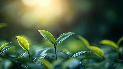 Fototapeta premium A leafy green plant with a sun shining on it. The sun is in the background and the leaves are in the foreground