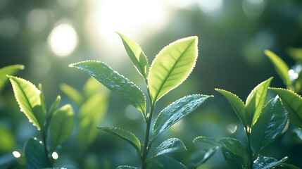 Obraz premium A leafy green plant with a sun shining on it. The sun is in the background and the leaves are in the foreground