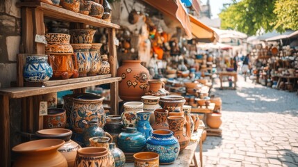 Fototapeta premium A vibrant pottery market with pottery vendors and ceramic artworks, Pottery displays and artisanal pottery pieces set up for artistic appreciation, Classic photo of