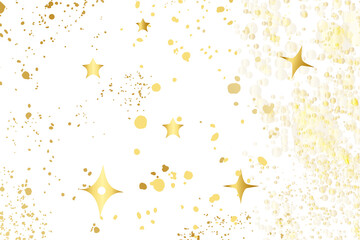 Abstract background with stars, splatter, glitter and confetti. Gold sparkle luxury confetti, Frame with gold stars on white background. Glowing golden particles.
