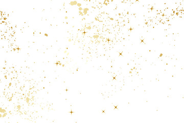 Abstract background with stars, splatter, glitter and confetti. Gold sparkle luxury confetti, Frame with gold stars on white background. Glowing golden particles.