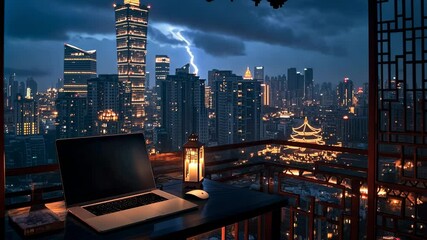A desk with an open laptop on it, overlooking the city from above at night in anime style, with a Chinese-style balcony and candlelight.